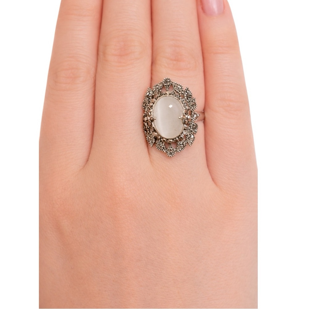 Opal Manmade Silver Filigree Ring - Size 9